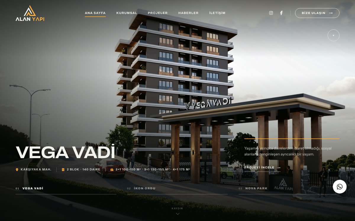 Gloida'nın tasarladığı ordualanyapi.com.tr web sitesinin Vega Vadi projesini gösteren ana sayfası