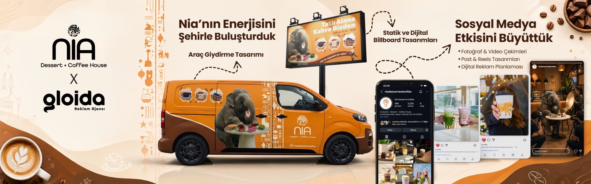 Nia Dessert & Coffee için araç giydirme, billboard ve sosyal medya çalışması